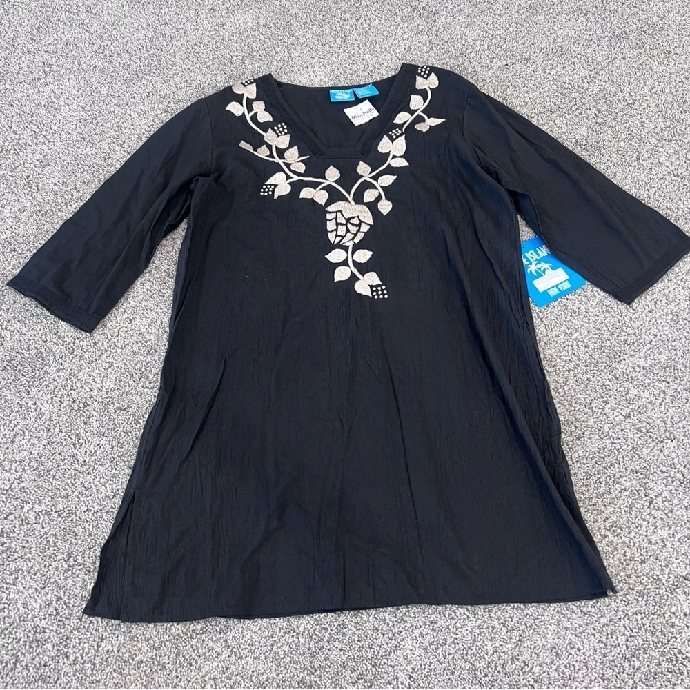 NWT Blue Island Beach Cover up Tunic Dress Womens Size M Black Cream Embroidery